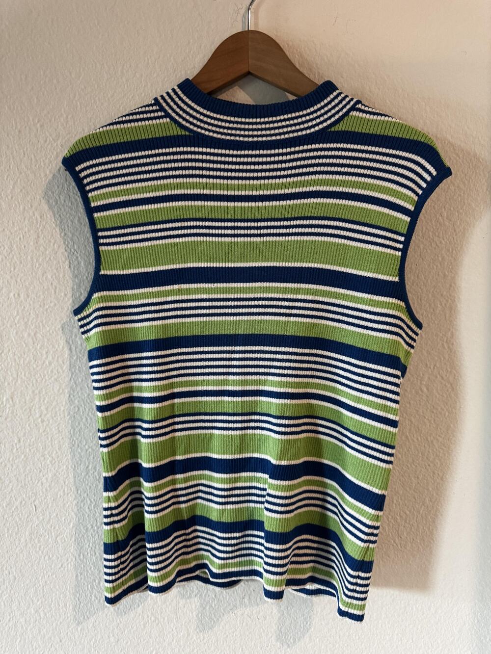 St. John Collection Striped Ribbed Knit Sleeveless Top Size 10 Navy Green